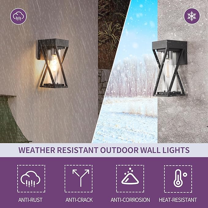 Outdoor Wall Lights Set of 2, Exterior Sconce Lighting Fixtures, Black Outdoor Porch Lights, Outdoor Wall Lantern with Clear Stripe Glass for Patio, Garage
