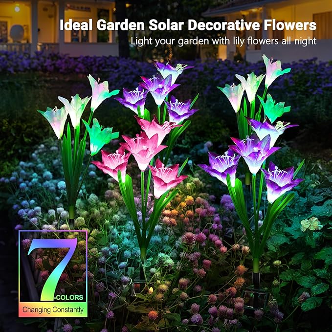 WdtPro Solar Lights Outdoor Garden Decorative Flowers 6 Pack, Waterproof Solar Garden Lights with 24 Lily Flowers, Multi Color Changing LED Solar Powered Landscape Lights for Yard Garden Patio