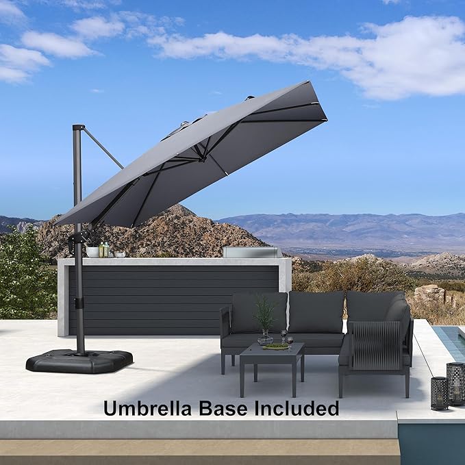 PURPLE LEAF 8.8' X 8.8' Left-right Tilt Patio Umbrella with Base Outdoor Cantilever Swivel Square Umbrella Aluminum Offset Umbrella with 360-degree Rotation for Garden Deck Pool Patio Light Grey