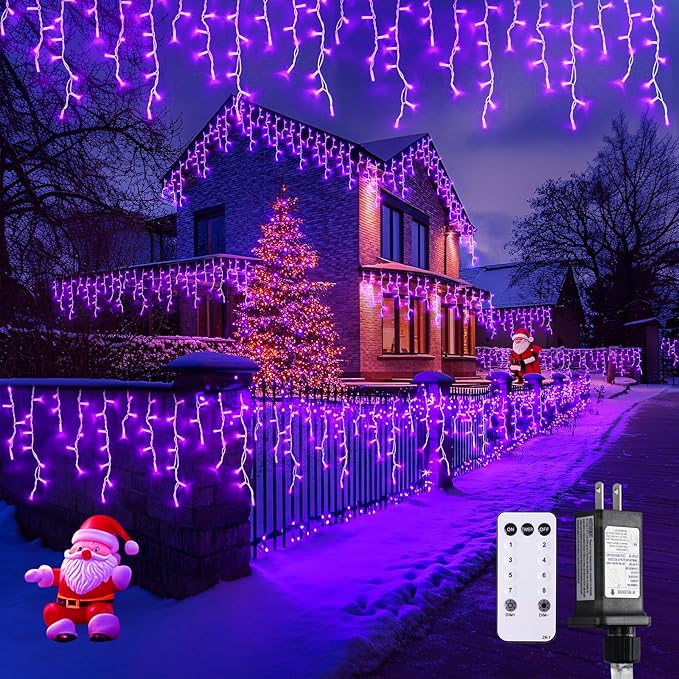 JMEXSUSS 800 LED Purple Icicle Lights Outdoor, Purple Icicle Christmas Lights Indoor Plug in with Remote, Purple Christmas Lights for Outside Fireplace Eave Yard Christmas Decor
