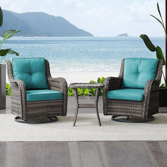 Outdoor Swivel Rocker Wicker Chairs Set of 3, High Back Swivel Patio Chairs Wicker Furniture Set, 2 PCS Rattan Swivel Rocking Chair with Side Table, Turquoise