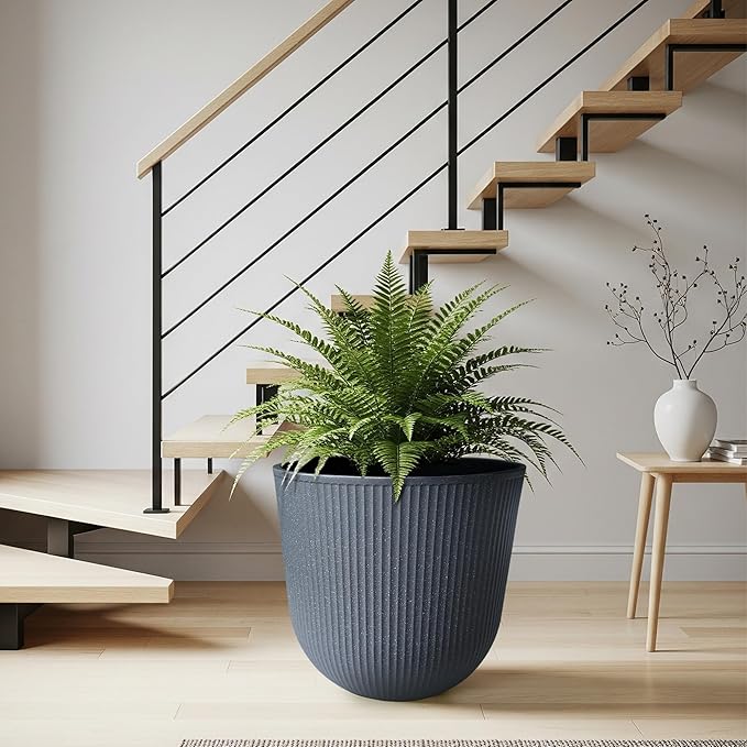 WORTH Garden Round Large Planter Pot 1-Pack - 17.5" Dia x 15.5" H - Durable Plastic Grey Plant Tree Pots with Vertical Stripe Textured Finish, Drainage Hole for Indoor, Outdoor, Front Porch, Patio