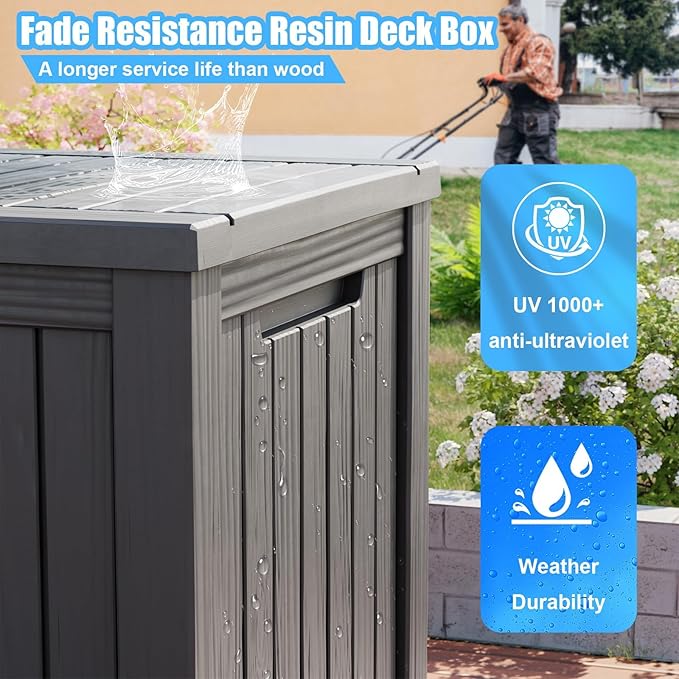 200 Gallon Lockable Resin Deck Box, Waterproof & UV-Resistant Outdoor Storage Box for Outdoor Cushion Storage, Garden Tools & Pool Accessories Storage, Gray