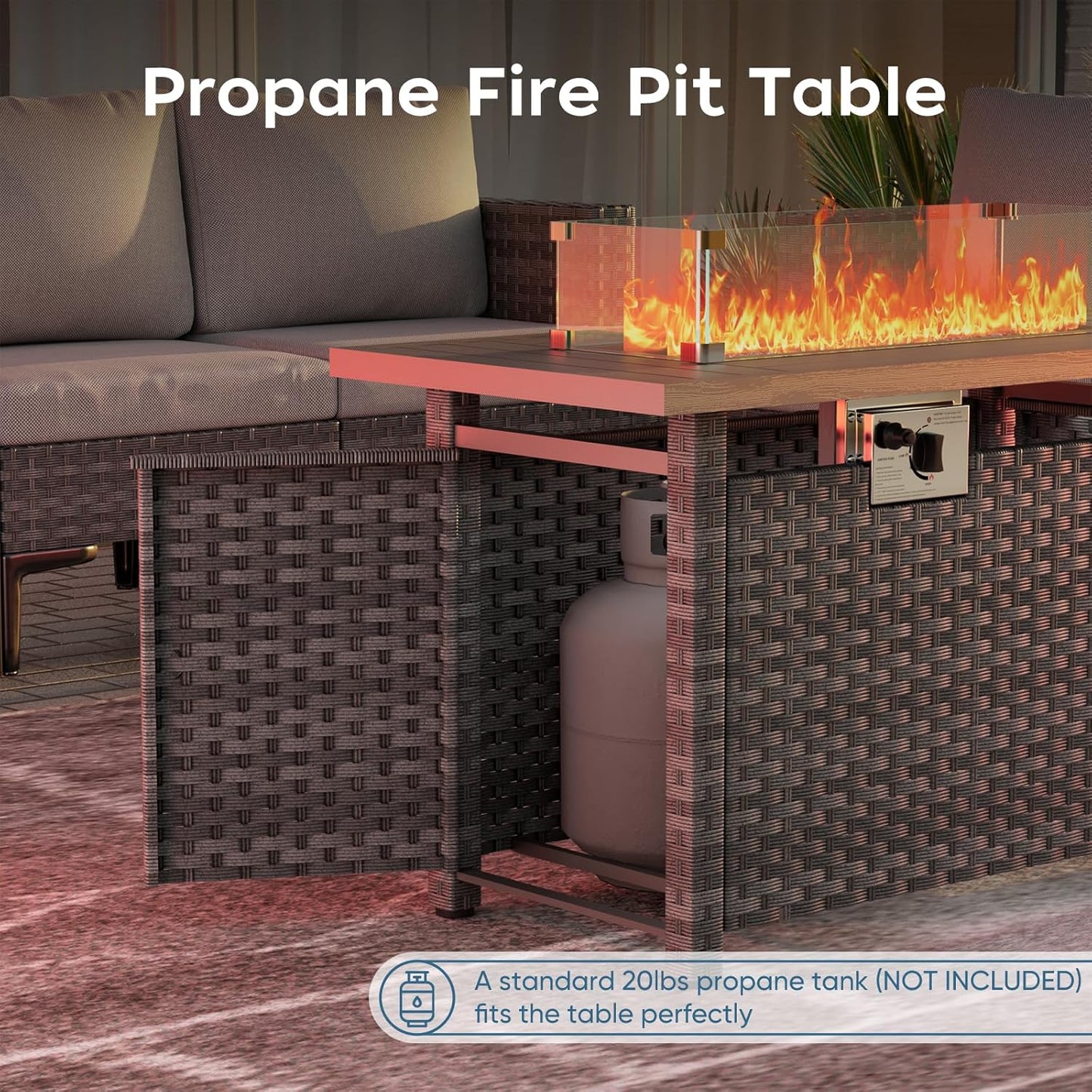 Propane Fire Pit Table Outdoor,44" 60000BTU Auto-Ignition Fire Table with Wind Guard Square Large Wicker Firepits for Porch Garden(Grey,CSA Certified)