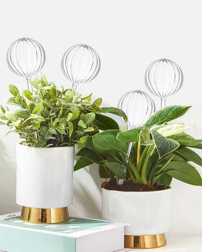 DN DECONATION 4 Pcs Plant Watering Globes, Clear Glass Watering Bulb, Watering Bulbs for Indoor Plants & Outdoor Plants, Automatic Plant Watering System to Support Plant Health, Striped Water Globes