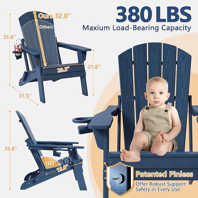 Folding Adirondack Chair Set of 3 with Cup Holder, HDPE All Weather Resistant Plastic Outdoor Patio Chairs, Heavy Duty Fire Pit Seating for Backyard Lawn Garden, Wooden Textured Design(Navy Blue)