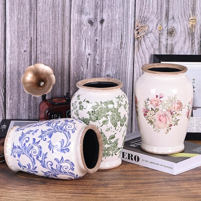 Vintage Vase for Flowers,Green Chinoiserie Ceramic Vase,Rustic Farmhouse Cracked Vases,for Flower Arrangement,Living Room, Office, Shelf, Fireplace Tables,Centerpieces,Chinoiserie Pottery Decor(B)