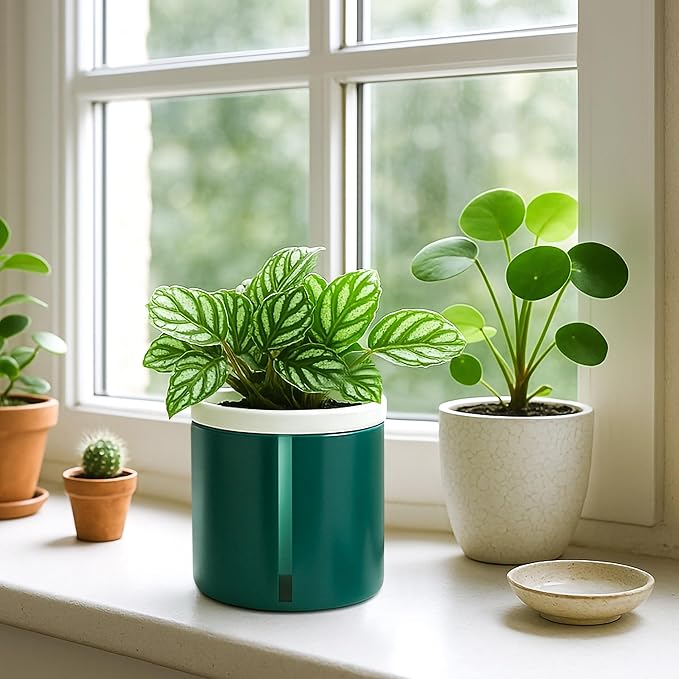 D'vine Dev 4 Inch Design Self Watering Planter for Indoor Plants, White Terracotta Pot with Teal Cylinder Glass Cup, Set of 2, 37-Y-A-5