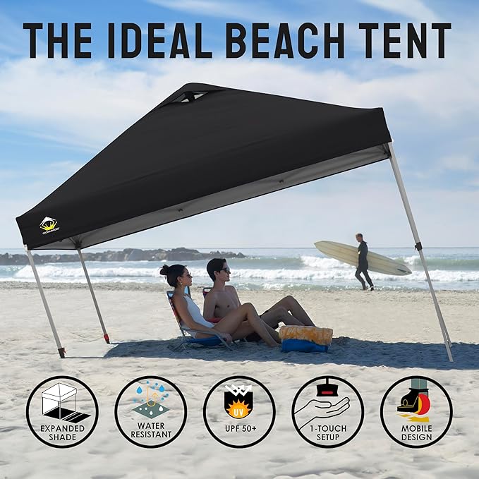 CROWN SHADES 10x10 Pop Up Canopy Tent - Patented Center Lock One Push Instant Outdoor Canopy Beach Tent with STO-N-Go Bag 8 Stakes & 4 Sand Bags，Black