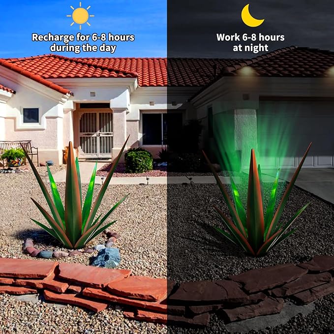 Large Tequila Rustic Sculpture, Rustic Metal Agave Plants for Outdoor Patio Yard, Home Decor Hand Painted Metal Agave Garden Yard Statue, Outdoor Lawn Ornaments (Green - L (W/Solar Light))