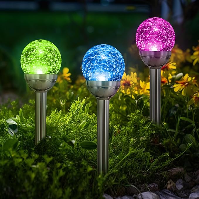 SOLPEX Solar Garden Lights Outdoor, 3 Pack Multi-Color Changing&White 2 Modes Solar Powered Glass Ball Garden Lights Waterproof for Patio Decoration