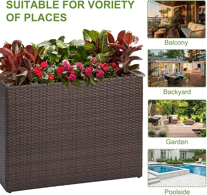 LEWIS&WAYNE Large Rectangular Block Planter Box Handmade Wicker Tall Planters for Outdoor Plants with Removable Liners Modern Planter for Indoor Outdoor Patio Deck - Brown, 38''x11''x30''