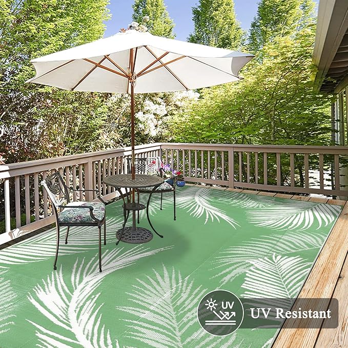 Pauwer Waterproof Outdoor Rug 6x9, Reversible Plastic Straw Patio Camping Rug, Indoor Outdoor RV Mat Carpet for Deck, Camper, Porch, Balcony, Backyard, Picnic, Leaf Green