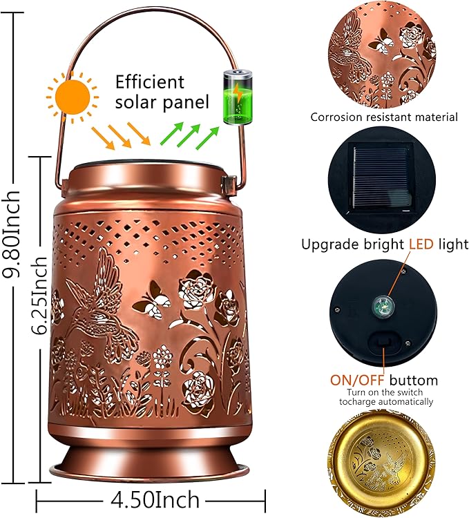 KY&BOSAM Solar Lanterns Outdoor Waterproof Rose Hummingbird Garden Decor Birthday Gift for Women Mom Grandma Hangings Solar Lights Metal Diwali Decoration Outside Lantern for Yard Patio Backyard Porch