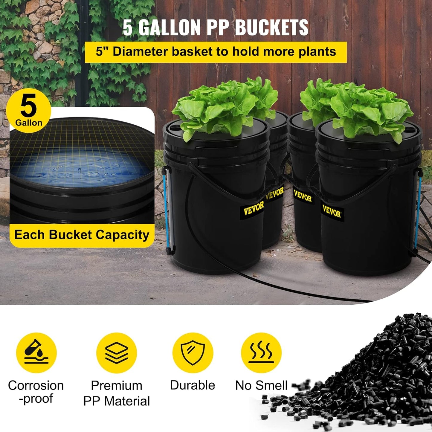 VEVOR DWC Hydroponic System, 5 Gallon 4 Buckets, Deep Water Culture Growing Bucket, Hydroponics Grow Kit with Pump, Air Stone and Water Level Device, for Indoor/Outdoor Leafy Vegetables
