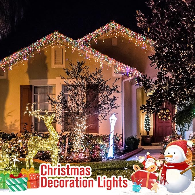 JMEXSUSS Icicle Christmas Lights, 200 LED Multicolor Indoor Outdoor Waterproof, 8 Modes Decorations for Xmas Roof Party Holiday
