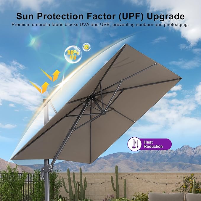 PURPLE LEAF 10' X 13' Patio Umbrella Large Rectangle Outdoor Aluminum Cantilever Umbrella with 3-Year Fade Resistance Recycled Fabric and 360-degree Rotation for Deck Pool Garden, Ash Mocha