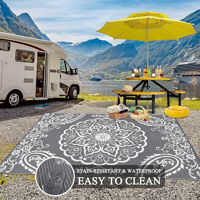 Pauwer Waterproof Outdoor Rug 10x14, Reversible Plastic Straw Patio Camping Rug, Indoor Outdoor RV Mat Carpet for Deck, Camper, Porch, Balcony, Backyard, Picnic, Boho Grey