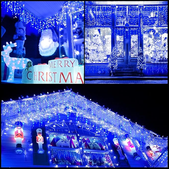 Solar Christmas Lights Outdoor Waterproof Christmas Decorations Curtain Lights 320LED 29.5ft 60 Drops, Solar Powered Rechargeable Fairy Lights for Party, Wedding, Home Decorations(Blue)