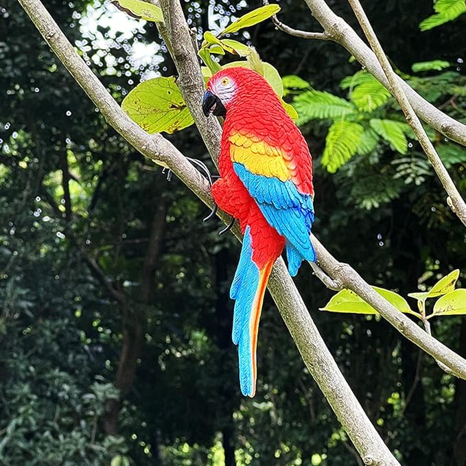 Realistic Parrot Sculpture Resin Hanging Parrots Garden Statues Lifelike Bird Figurines Landscape Ornament Patio Yard Lawn Figurine Tree Decor, Outdoor Garden Wall Statues (Red)