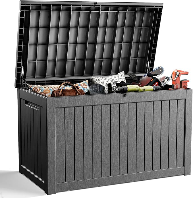 DRATO 230 Gallon Deck Box, Outdoor Large Waterproof Resin Storage Box with Lockable Lid for Patio Cushions, Gardening Tools, Sports Equipment, Black
