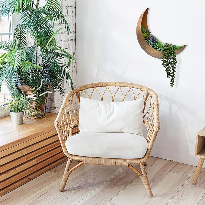 Wall Mounted Metal Moon Planter - Hanging Crescent Pot for Succulents, Air Plants, Cacti - Boho Indoor Outdoor Moon Wall Decor for Bedroom, Bathroom, Living Room, Nursery - Rustic Gold