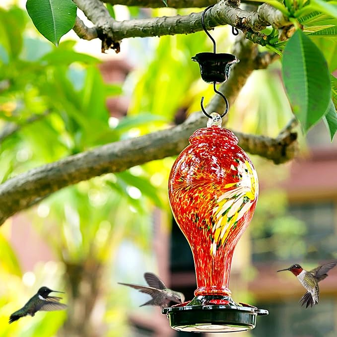 LUJII Hummingbird Feeders for Outdoors, Hand Blown Glass, Never Fade, 36 Fluid Ounces, 5 Feeding Stations, Much Bigger, Garden Backyard Decorative, Containing Ant Moat (Red)