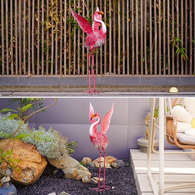 Nacome Flamingo Statues for Garden Yard Decor: Metal Pink Sculptures Clearance Lawn Ornaments Art for Patio Balcony Front - Unique Gifts for Grandma Mom