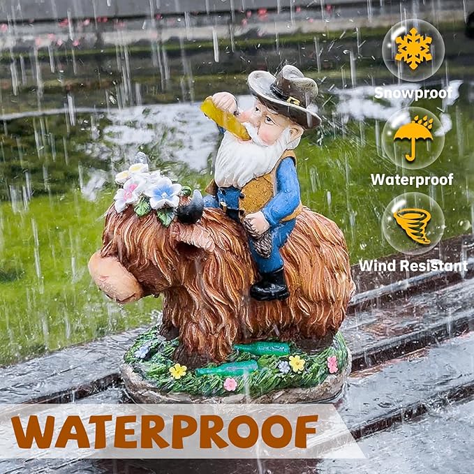 Gnome Gifts for Women, Solor Statue for Garden, Gnome and Highland Cow Figurine with Lights, Outdoor Decorations for Yard Lawn Patio, Gifts for Mom Grandma Mother in Law Gardener Mother'Day