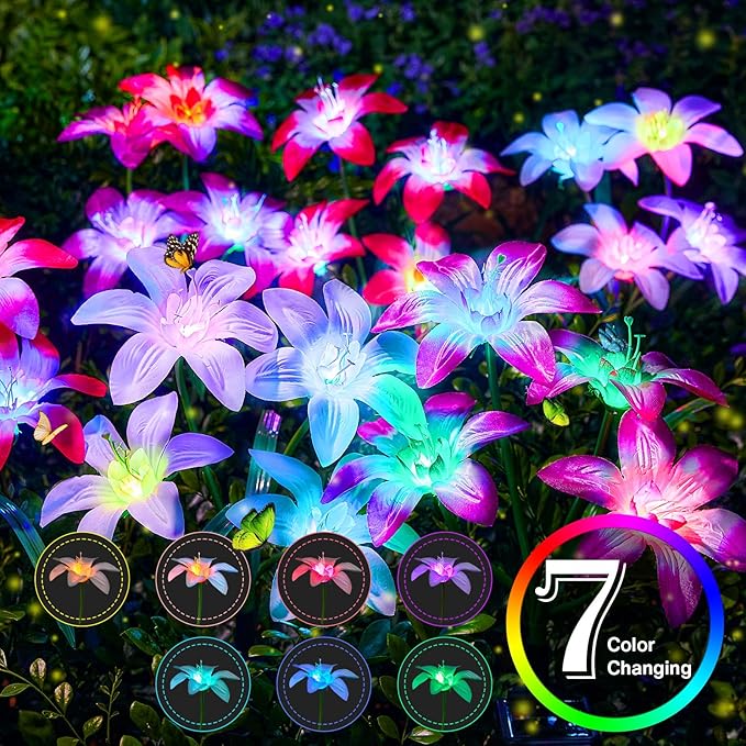 Solar Garden Lights Outdoor, 8 Pack Blooming Lily Solar Flowers Outdoor Waterproof, 7 Color Changing Bigger Flower Lights for Yard Patio Decor, Gift for Mom