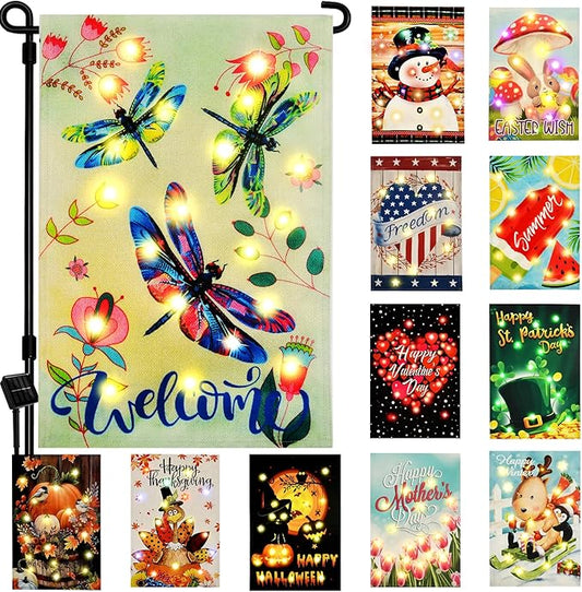 Solar Seasonal Garden Flags Set of 12, Lighted 12×18 Double-Sided Yard Flags for Outside Halloween Christmas Fall Thanksgiving Day Decorations Welcome Flag Outdoor Holiday Decor