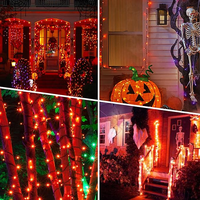 Weillsnow Orange Halloween Lights, 66FT Plug-in Waterproof String Lights, 8 Modes with Memory for Indoor/Outdoor Garden Decorations