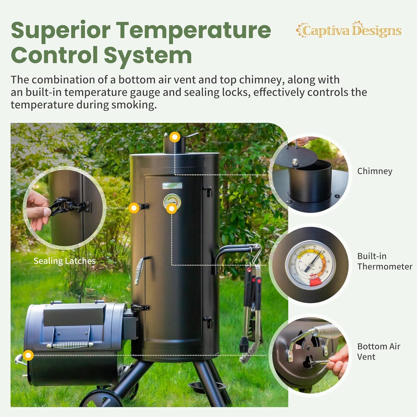 Captiva Designs Charcoal Vertical Smoker Grill and Offset Smoker Grill Combo, Extra Large Outdoor Barrel BBQ Meat Smoker with 5 Removable Smoking Grates & Built-in Hooks for Various Meat Foods