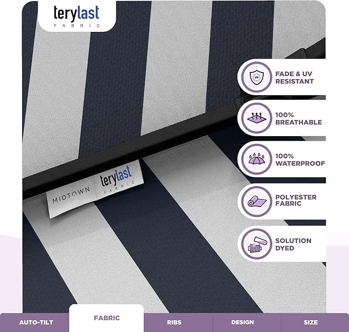 Midtown Umbrellas 10-Year-No-Fade - 8 Ft - UV Proof Navy/White Stripes Fabric - Umbrella Outdoor Patio, Auto-Tilt Aluminum Frame Patio Umbrella for Garden, Pool & Deck - Black Pole