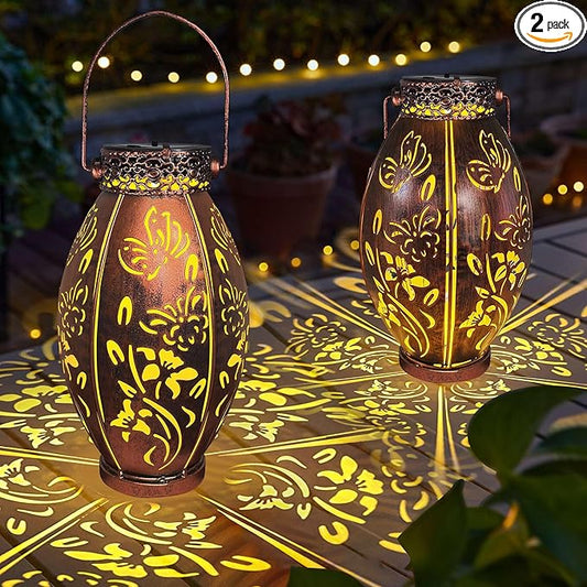 pearlstar 2 Pack Butterfly Solar Lantern Hanging Light Outdoor Waterproof Decorative Metal Solar Lamp for Table Garden Yard Patio Balcony Pathway,Copper,Birthday Gifts for Women Mom Men,Butterfly