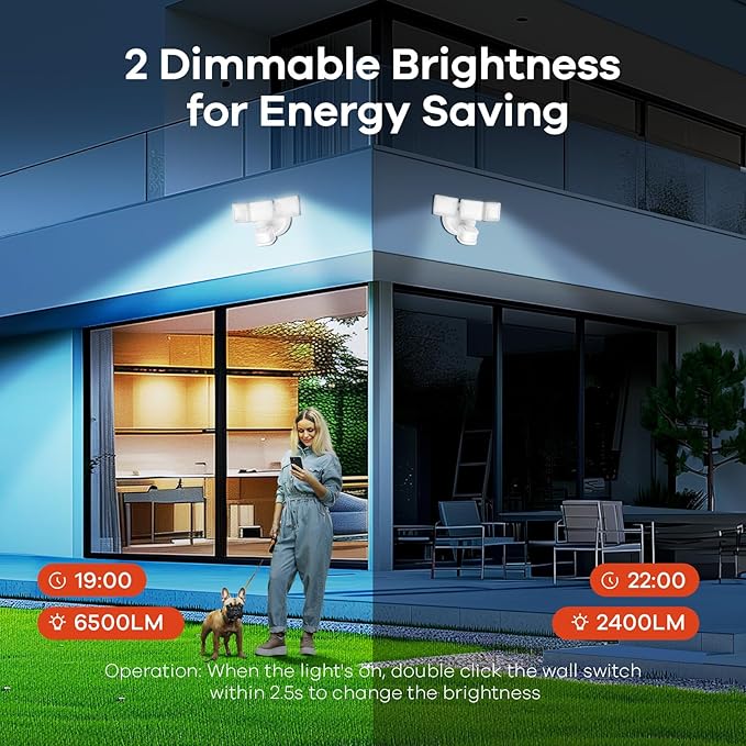 OREiN 6500LM/42W Flood Lights Outdoor, 180°/75FT Motion Sensor Outdoor Lights 4 Modes Dimmable Dusk to Dawn Floodlights IP65 Waterproof for 6000SQ.FT Area for Big Patio, Driveway, White (Hardwired)