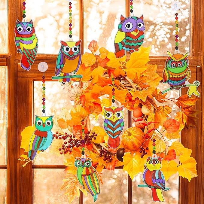 Winlyn 24 Sets Owl Suncatchers Ornaments Decorations DIY Window Paint Art Suncatchers Owl Craft Kits Sun Catchers for Kids Home Classroom Winter Holiday Season Fall Christmas Activities Party Favors