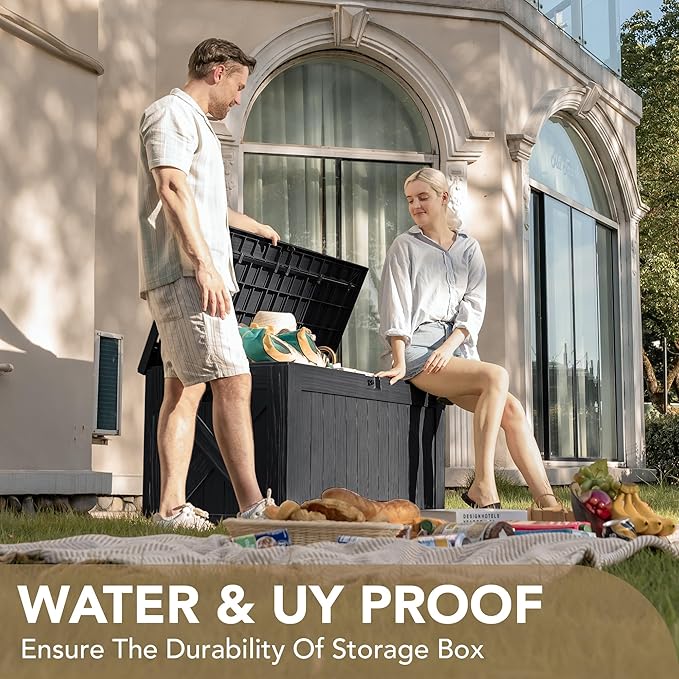 Devoko 120 Gallon Deck Box Resin Outdoor Storage Box Waterproof for Patio, Large Outdoor Storage Bench Lockable for Outside (Black)