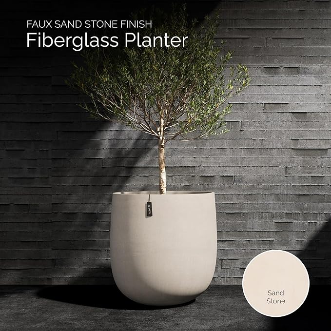 Mondo Large Planter – Sand Stone Finish – Fiberglass Indoor/Outdoor and Weather-Resistant Round Planter (26" D x 24" H Exterior, 24.6" D x 24" H Interior)