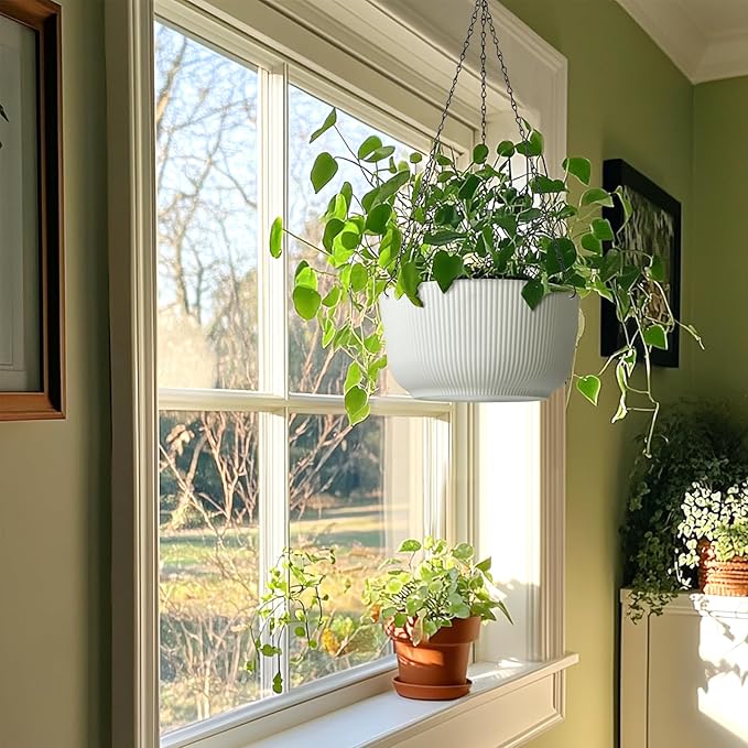T4U 12 Inch Large Hanging Planters for Outdoor Plants, 2 Pack Self Watering Hanging Pots Indoor, Hanging Baskets for Plants,Hanging Flower Pot with Drainage Hole and Plant Hanger, White