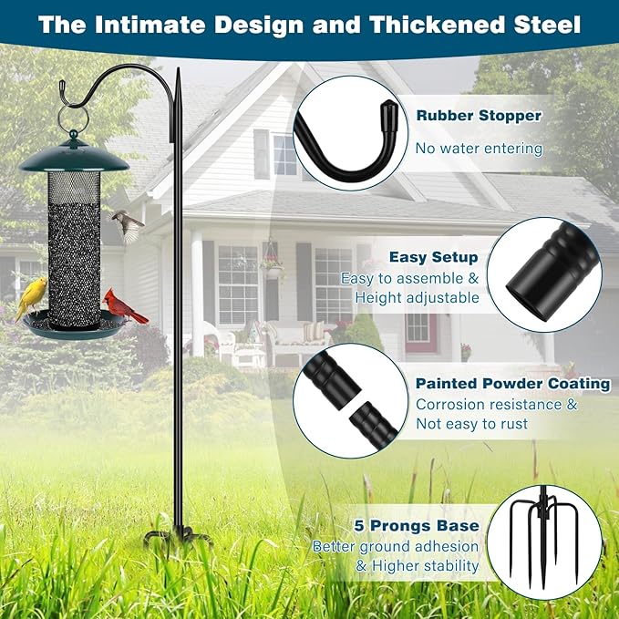 Gtongoko Adjustable 63 inch Shepherds Hooks for Outdoor Bird Feeder with 5 Prongs, Bird Feeder Pole Garden Hooks for Hanging Lanterns, Plants Baskets, Hummingbird Feeders, 2 Pack