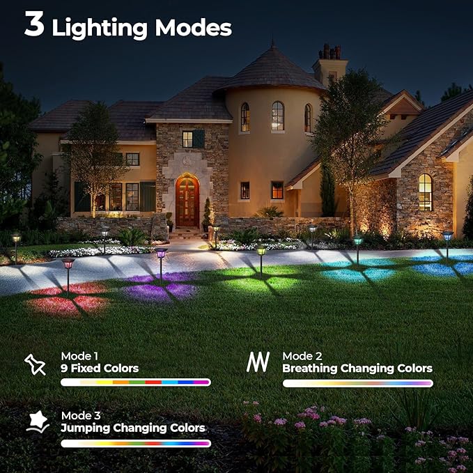 CINOTON 12 Pack RGBCW Solar Pathway Outdoor Lights, 3 Lighting Modes Solar LED Garden Lights, IP65 Waterproof Outside Solar Powered Landscape Lighting for Planter Lawn Pool Balcony RGB/Warm/Cold White