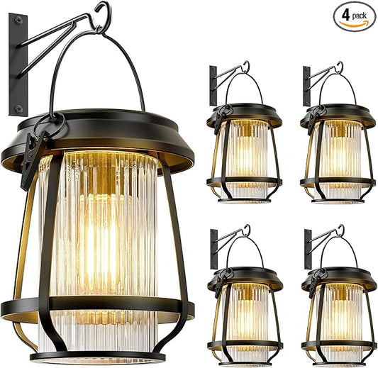 Solar Lanterns Outdoor Waterproof, Metal Hanging Solar Lights Outdoor with Hooks Wall Mount Kit, Solar Powered Lanterns for Garden Porch Patio Fence Decorative 4 Pack (Warm Light)