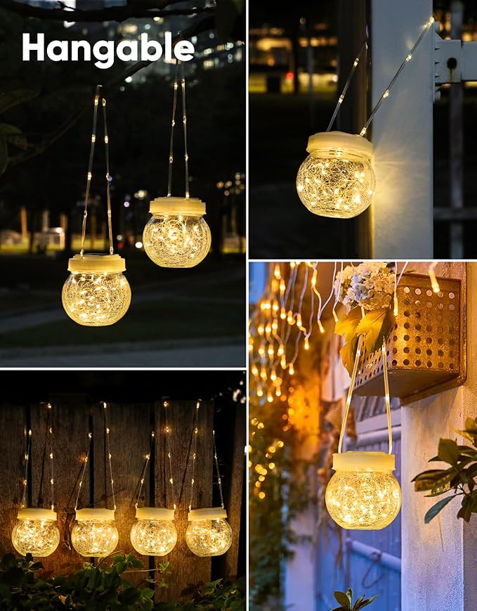 Solar Lantern Solar Lights Outdoor Waterproof 6-Pack, Solar Powered Hanging Lights Cracked Glass Hanging Globes for Christmas Decoration, Shepherd Hook, Garden Tree Ornaments, White Cap, Warm White