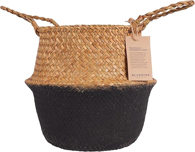 Plant Basket – Small Seagrass Planter Pot for Olive Trees, Woven Wicker Planter 8-9 Inches for Indoor Tall Artificial Plants (Black Bottom, Medium)