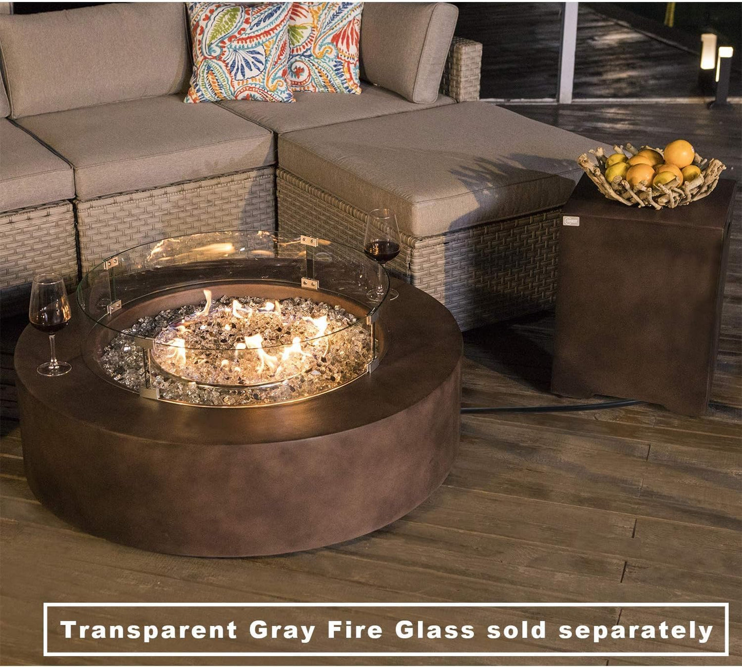 COSIEST 2-Piece Outdoor Propane Firepit Table Set w Tank Table, 42 inch Dark Fire Table CSA Certified, 50,000 BTU w Bronze Round Base,Wind Guard and 16 inches Tank Side Table 20lb for Garden,Pool