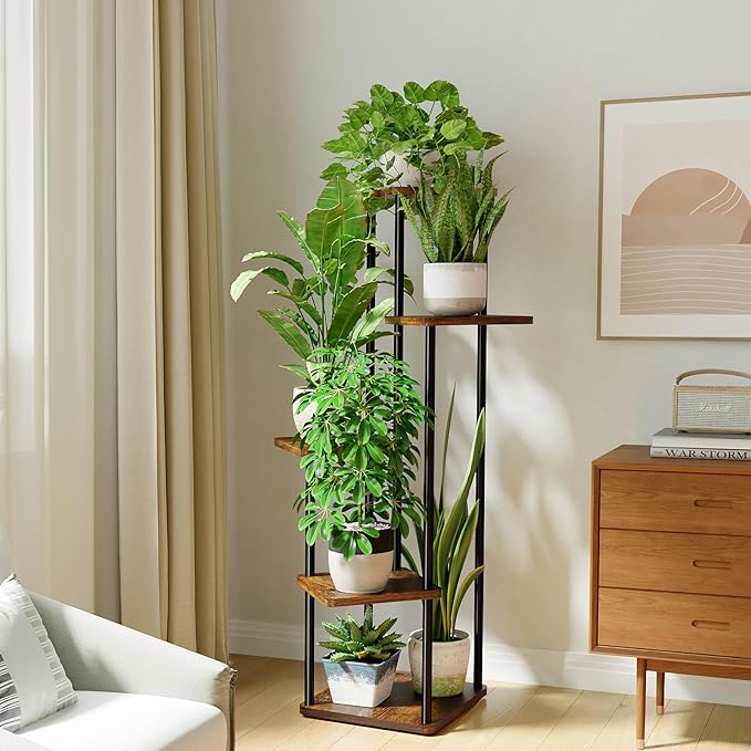 Bamworld Corner Plant Stand Indoor, 5 Tier Metal Plant Shelf for Multiple Plants, Tall Flower Stand for Patio Garden Balcony Living Room Bedroom(Brown)