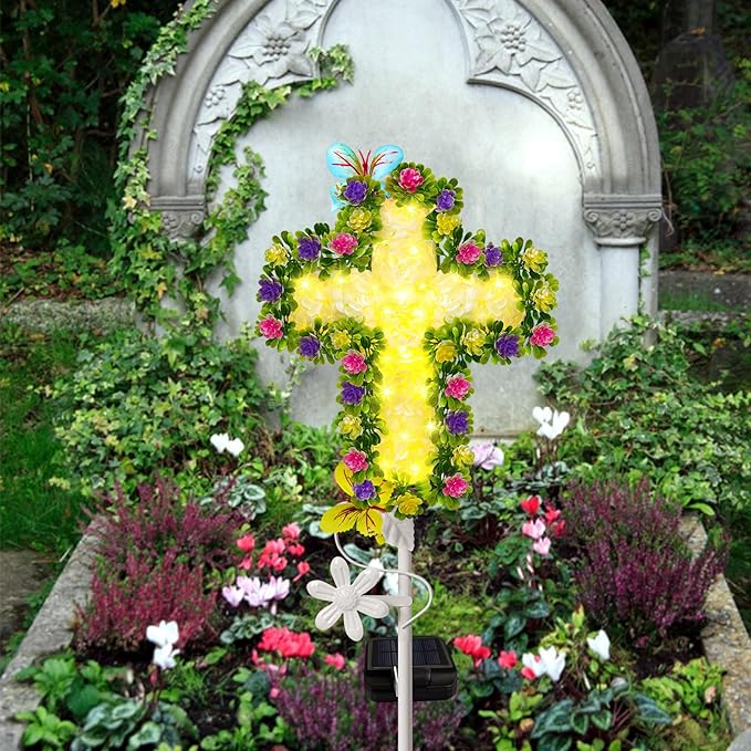 YJFWAL 1 Pack Solar Flowers Cross Garden Stake Lights, Yard Solar Lights Cemetery Decorations For Grave Outdoor Light Jesus Cross Sympathy Memorial Gift For Grandma, Garden Lawn Patio Pathway Deco