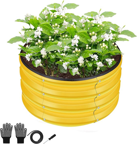 ZXZYHFTY Round Galvanized Raised Garden Bed kit,Yellow Outdoor Garden Raised Planter Box, Round Large Metal Raised Garden Beds for Vegetable 2 * 2 * 1ft 1 Pack