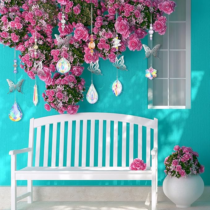 Hicarer 7 Pieces Crystals Suncatcher Butterfly Prism Sun Catchers Colorful Crystal Chandelier Rainbow Pendant Christmas Tree Decor Wall Hanging Window Ornament